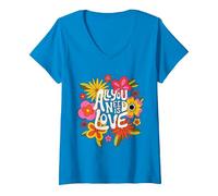 Damen The Beatles - Alles was du brauchst ist Liebe Retro-Blumen T-Shirt mit V-Ausschnitt, Saphir, L