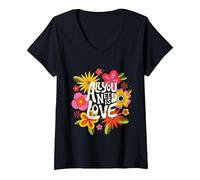 Damen The Beatles - Alles was du brauchst ist Liebe Retro-Blumen T-Shirt mit V-Ausschnitt, Schwarz, M