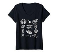 Damen The Ocean is Calling Sea Life Coastal Marine Beach Nature T-Shirt mit V-Ausschnitt