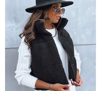 Damen Thermoweste aus weichem Webpelz, stylische Steppweste mit Reißverschluss und Knopfverschluss, ärmellose Weste, hoher Stehkragen und praktische T