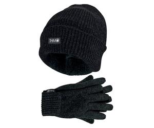 Damen Thinsulate Mütze und Handschuhe Set | THMO | Weiche Chenille gerippte Beanie Mütze & Handschuhe für Frauen - Schwarz Einheitsgröße