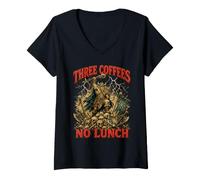 Damen Three Coffees No Lunch Viking Mittelalter Krieger Humor Retro T-Shirt mit V-Ausschnitt