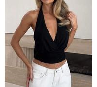 Damen Tiefer V-Ausschnitt Geraffter Taille & Bindung Detail Ärmellos Camisole Top, Anliegende Verkürzte Silhouette, Dehnbarer Stoff, Schwarze Camisole