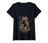 Damen Tierliebhaber Katze Hund Sonnenblume Kolibri T-Shirt mit V-Ausschnitt