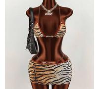 Damen Tiger Muster 3-teiliger Badeanzug, sexy avantgardistischer Y2K-Stil mit Metallkette Kontrastbindung, geeignet für den Urlaub