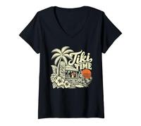 Damen Tiki Time Beach Bar Palm Sunset im hawaiianischen 50er Retro-Stil T-Shirt mit V-Ausschnitt