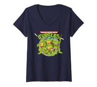 Damen TMNT Turtle Power-Logo, Teenage Mutant Ninja, 80er-Jahre-Retroshow T-Shirt mit V-Ausschnitt