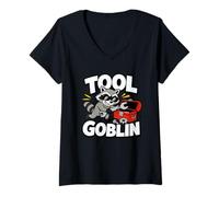 Damen Tool Goblin Waschbär Lustige Mechaniker Garage Grafik T-Shirt mit V-Ausschnitt