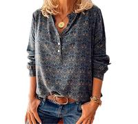 Damen-Top, Blumenmuster, langärmelig, Bluse, Knopfleiste, Blumenmuster, Tunika, Übergröße, Pullover S-5XL, blau, M