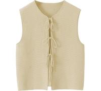 Damen-Top, einfarbig, lockere Weste, ärmellos, zum Binden vorne, lässig, modisch, tiefer V-Ausschnitt, vorne offen, Häkeloberteil, Y2K für Streetwear-Outfit, beige, M