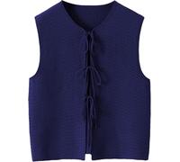 Damen-Top, einfarbig, lockere Weste, ärmellos, zum Binden vorne, lässig, modisch, tiefer V-Ausschnitt, vorne offen, Häkeloberteil, Y2K für Streetwear-Outfit, navy, L