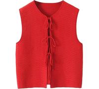 Damen-Top, einfarbig, lockere Weste, ärmellos, zum Binden vorne, lässig, modisch, tiefer V-Ausschnitt, vorne offen, Häkeloberteil, Y2K für Streetwear-Outfit, rot, L