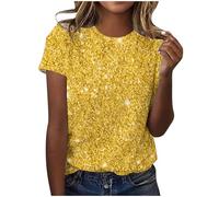 Damen-Top, Glitzer, Pailletten, bedruckt, kurzärmelig, Rundhalsausschnitt, kurzärmelig, lässig, elegant, festlich, weich, bequem, Workout-T-Shirt, modisch, Abendparty, Hochzeit, Glitzer-Oberteil,