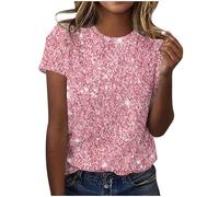 Damen-Top, Glitzer, Pailletten, bedruckt, kurzärmelig, Rundhalsausschnitt, kurzärmelig, lässig, elegant, festlich, weich, bequem, Workout-T-Shirt, modisch, Abendparty, Hochzeit, Glitzer-Oberteil,