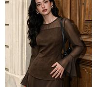 Damen-Top im konservativen eleganten Vintage-Stil, Braun, Rundhalsausschnitt, Chiffon, Langarm mit Rüschenmanschetten, Reißverschluss am Rücken, viels