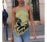 Damen-Top im Schal-Stil mit Neckholder und Blumenmuster, elegant, tropisch, europäisch, sexy, aus Satin, für Urlaub, Lässig und Strand