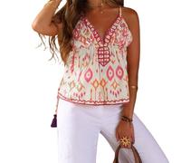 Damen-Top, kokett, Spaghettiträger, sexy, V-Ausschnitt, Blumendruck, Sommer, lässig, Tank-Top, Perlen, bestickt, fließendes Top, mehrfarbig, S