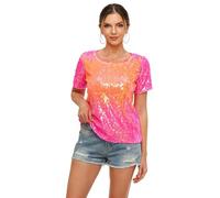 Damen-Top mit Pailletten, glitzernd, Rundhalsausschnitt, kurzärmelig, Sommer, Disco, Party, Tunika, Bluse, Pink+Orange, Groß