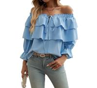 Damen-Top, schulterfrei, Rüschen, langärmelig, lockere Passform, Laternenärmel, Tunika, Bluse, Oberteil für Party, Alltag, hellblau, XL