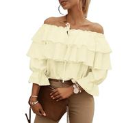 Damen-Top, schulterfrei, Rüschen, langärmelig, lockere Passform, Laternenärmel, Tunika, Bluse, Oberteil für Party, Alltag, aprikose, XL