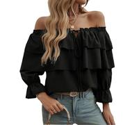 Damen-Top, schulterfrei, Rüschen, langärmelig, lockere Passform, Laternenärmel, Tunika, Bluse, Oberteil für Party, Alltag, Schwarz , L