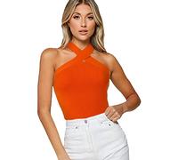 Damen Top Unifarben Neckholder Ärmelloses Tee Shirt Oberteil Kreuz Halfter Gestricktes Rückenfrei Basic Trägertop Damen Sexy