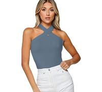 Damen Top Unifarben Neckholder Ärmelloses Tee Shirt Oberteil Kreuz Halfter Gestricktes Rückenfrei Basic Trägertop Damen Sexy