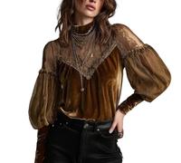 Damen-Top, Wickelshirt, Stehkragen, Retro, Gold, Samt, Spitze, Patchwork, Ballonärmel, Bluse, elegant, ausgestelltes Swing-Top, Rundhalsausschnitt, braun, XL