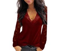 Damen-Tops Mesh Sheer T-Shirt V-Ausschnitt Langarm-Tops Durchsichtige Blusen Clubwear Patchwork-Tops Panel V-Ausschnitt Durchsichtige Langarm-Top-Bluse Spitzenpanel Transparentes Langarm-T-Shirt