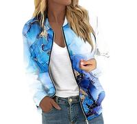 Damen Tops Sommer Bomberjacke Damen Trenchcoat Damen Schwarz Frauen Stehkragen Drucken Zip Up Langarm Kurze Pilotenjacke Mit Tasche Herbst Leichte Reißverschluss Bomber Jacket (2-Light Blue, S)