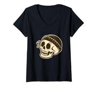 Damen Totenkopf mit Mütze Cartoon Retro Gothic Street Art T-Shirt mit V-Ausschnitt