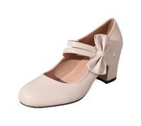 Damen Trachtenschuhe Dirndl Chunky Pumps Breite Füße Absatzschuhe Rockabilly Hohe Schuhe Oktoberfest Schleifenriemen Spangenpumps Elegant Festliche Hochzeitsschuhe Tanzschuhe (Beige, 44)