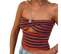 Damen Trägerloses gestreiftes Strick-Top mit gedrehtem Knoten vorne, figurbetontes Bandeau-Top, rückenfrei, schulterfrei, hohles Oberteil, Y2K Streetwear, B, Small