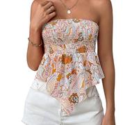 Damen Trägerloses Schlauch-Top, Y2K, Boho, Blumenmuster, ärmellos, gerüscht, schulterfrei, Bandeau-Weste, asymmetrischer Saum, ästhetisches Korsett-Top, Orange A, L