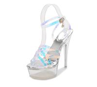 Damen Transparente Plateau Sandalen - 14cm High Heels Große Größe für Pole Dance & Nachtclub - Hochzeitsparty Schuhe,Silber,38 EU