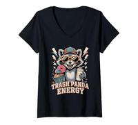 Damen Trash Panda Energy Lustiger Waschbär Donut Kaffee T-Shirt mit V-Ausschnitt