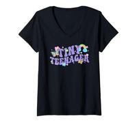 Damen Trendy Apparel Tiny Teenager Cute Flower Butterfly & Rainbow T-Shirt mit V-Ausschnitt