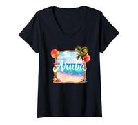 Damen Tropisches, hübsches Aruba-Thema, Strand, Sonne, Meer, Urlaub, Spaß T-Shirt mit V-Ausschnitt