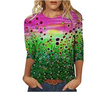 Damen Tshirt 3/4 Ärmel Bluse Bunte Rundhals Oberteile Blumendruck Shirt Sommer Tunika Tops All Match Party Longbluse Pullover Longtops Bequeme T-Shirt Locker Blusentops Sportshirt für Outdoor