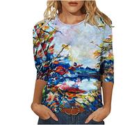 Damen Tshirt 3/4 Ärmel Bluse Bunte Rundhals Oberteile Blumendruck Shirt Sommer Tunika Tops All Match Party Longbluse Pullover Longtops Bequeme T-Shirt Locker Blusentops Sportshirt für Outdoor