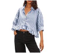 Damen Tshirt 3/4 Ärmel Bluse Elegant Y2K Cropped Tunika V Ausschnitt Top Lässige Locker Gestreiftes Oberteil Button Down T-Shirt Sommer Kräuselsaum Hemd
