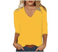 Damen Tshirt 3/4 Arm Einfarbige Tee Elegant 3/4 Ärmel Longshirt Frauen Hemd Mode Einfarbig Tee T-Shirt Frau U-Boot-Ausschnitt Herbst Bluse Grafik Große Größen Bekleidung Top Gelb M