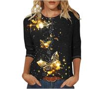 Damen Tshirt Elegant Schick, Günstig T-Shirt Mit Rundhalsausschnitt Und 3/4 Ärmeln, Aufdruck, Sale Angebote Oberteile Leicht Und Luftig, Bluse Weich Bequem Shirt Top Casual Fashion