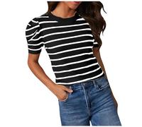 Damen Tshirt Gestreift Druck T-Shirt Casual T Shirt Sommer Puffärmel Bluse Passform O-Ausschnitt Pullover Baumwolle Kurze Ärmel Oberteile Leichte Basic Tee Top Bequem Laufshirt Freizeitshirt