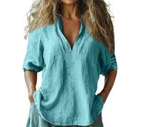 Damen Tshirt Langarm, Musselin Shirt Damen, T Shirt V Ausschnitt Top Leinen Shirt Langarm Bluse Tunika Sommer Langarmshirt Oberteil Basic Blusenshirt Sommerbluse, Monatsabrechnungen Anzeigen