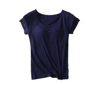 Damen Tshirt mit integriertem BH Große Größen Rundhals Eingebauter BH Bügelloser Gepolstert Oberteile Elegant Einfarbig Kurzarm Sport Shirts Loose Fit Bluse Summer Shirt Tops(C Marineblau,4XL)
