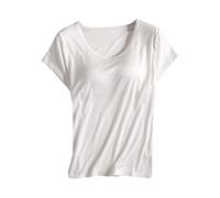 Damen Tshirt mit integriertem BH Große Größen Rundhals Eingebauter BH Bügelloser Gepolstert Oberteile Elegant Einfarbig Kurzarm Sport Shirts Loose Fit Bluse Summer Shirt Tops(A Beige,M)