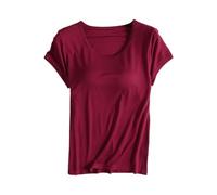 Damen Tshirt mit integriertem BH Große Größen Rundhals Eingebauter BH Bügelloser Gepolstert Oberteile Elegant Einfarbig Kurzarm Sport Shirts Loose Fit Bluse Summer Shirt Tops(A Wein,XXL)