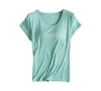 Damen Tshirt mit integriertem BH Große Größen Rundhals Eingebauter BH Bügelloser Gepolstert Oberteile Elegant Einfarbig Kurzarm Sport Shirts Loose Fit Bluse Summer Shirt Tops(A Mintgrün,4XL)