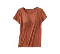Damen Tshirt mit integriertem BH Große Größen Rundhals Eingebauter BH Bügelloser Gepolstert Oberteile Elegant Einfarbig Kurzarm Sport Shirts Loose Fit Bluse Summer Shirt Tops(B Braun,XXL)